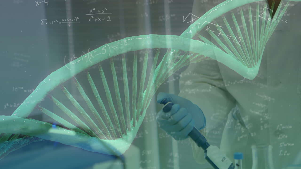 Animation of spinning dna strand and mathematical formulas over scientist