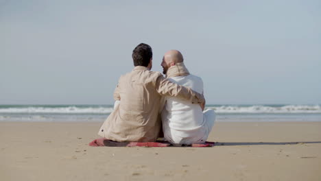 back view of a happy gay couple sitting on the sandy beach and hugging