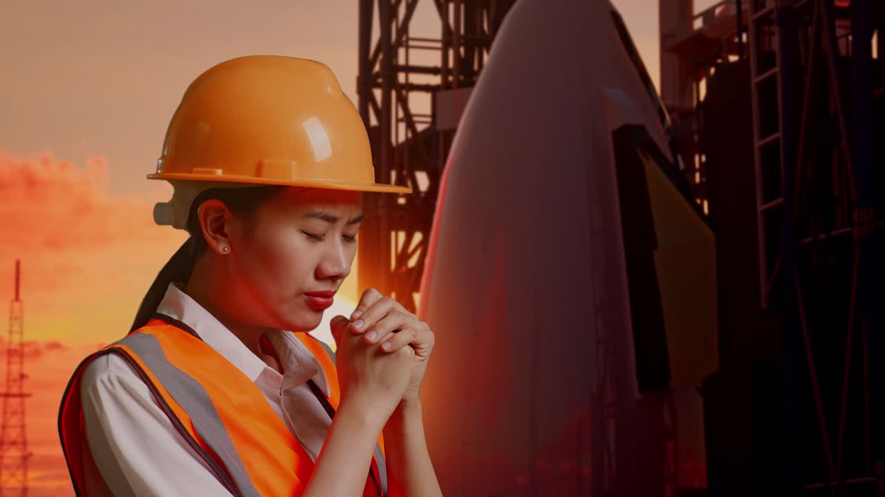 안전 헬을 입은 아시아 여성 엔지니어의 가까운 측면 뷰 우주왕복선과 함께 서있는 동안 무언가를 위해 기도합니다.