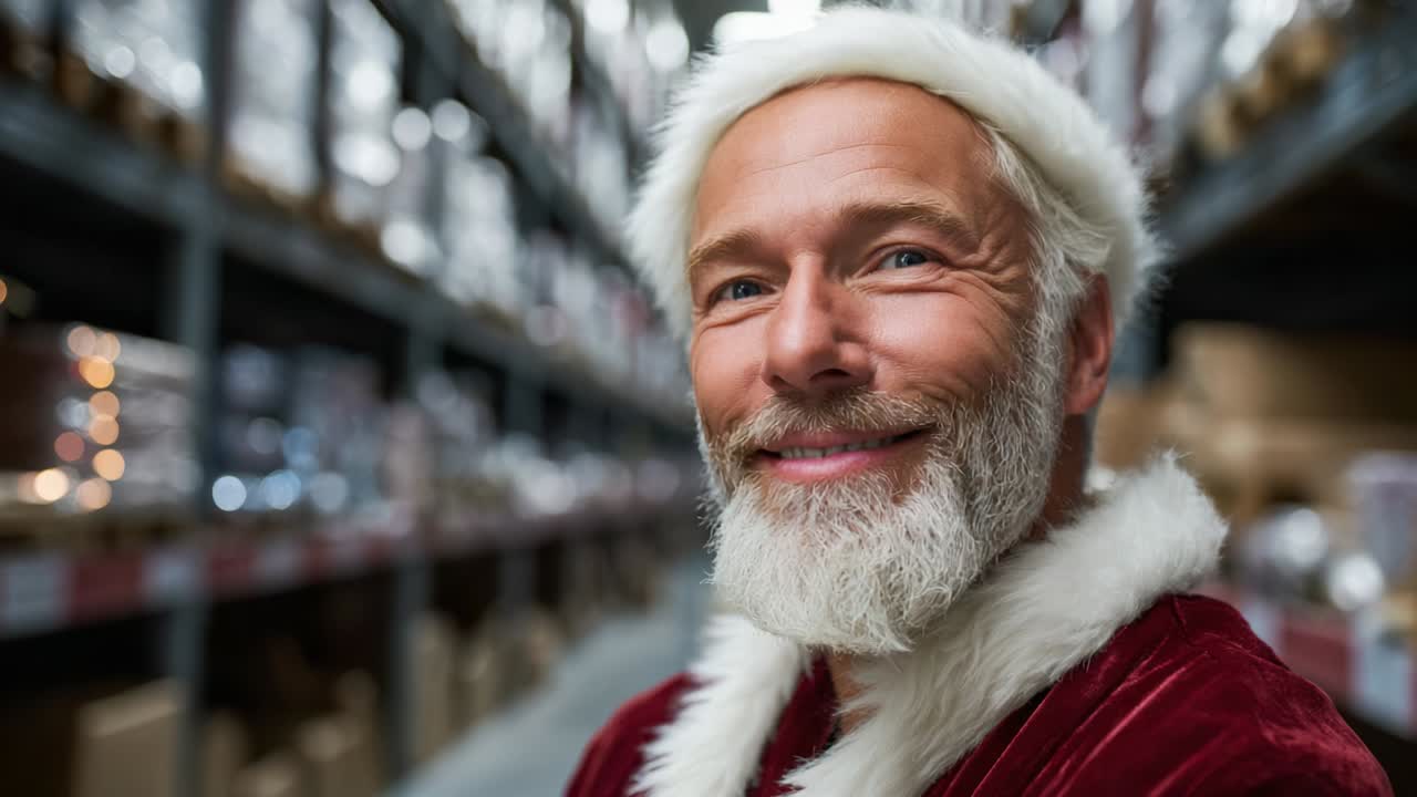 A Joyful Santa Claus Smiling in a Festively Decorated Warehouse, Surrounded by Holiday Goods and Cheer, Emphasizing the Spirit of Giving and the Magic of the Christmas Season in a Warm Atmosphere
