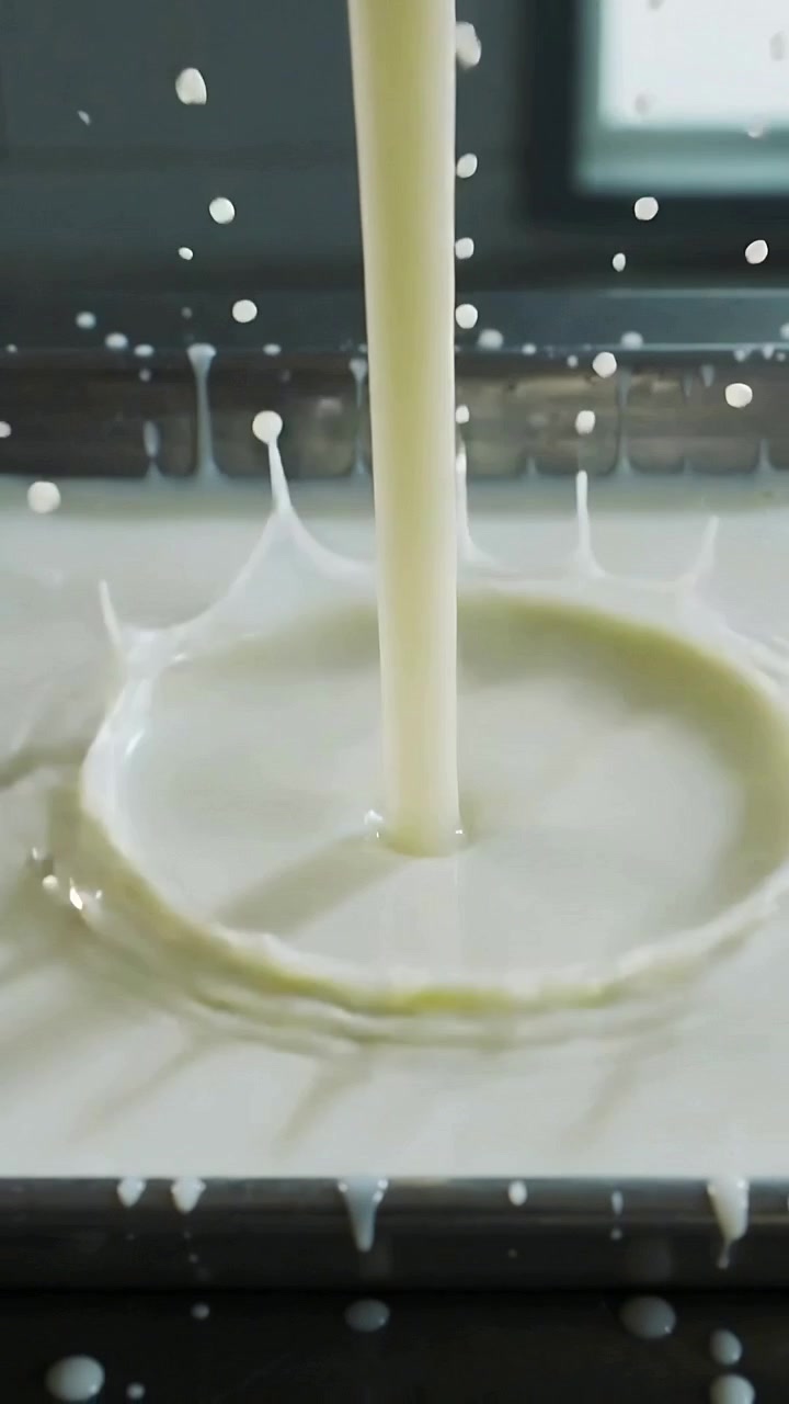 Vertical video: Pouring pale liquid into tray on counter, creating crown ripples and droplets