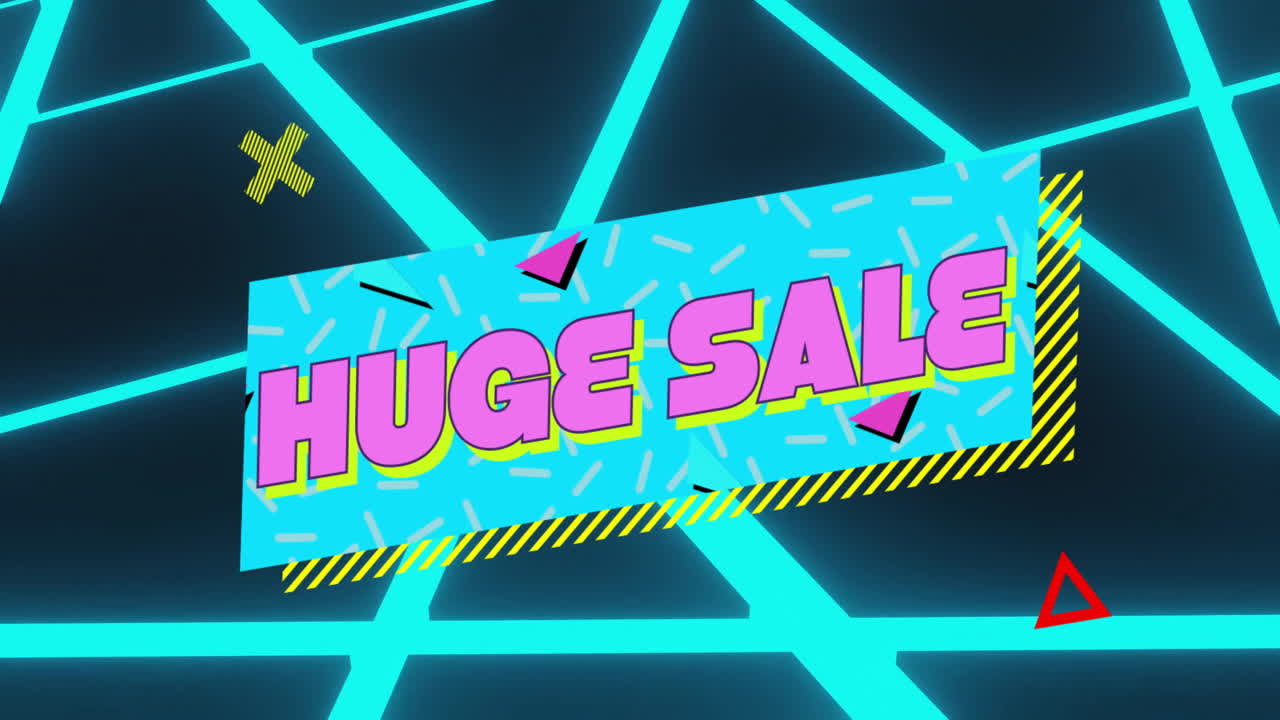 Colorful geometric shapes with huge sale text over neon blue lines animation