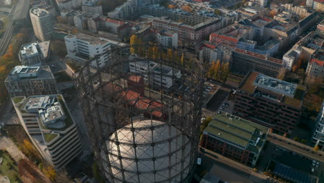 Old-Abandoned-Gasometer-in-Berlin,-Germany-from-Aerial-Perspective