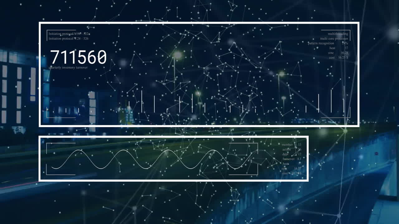 Network connections and data visualization animation over cityscape at night