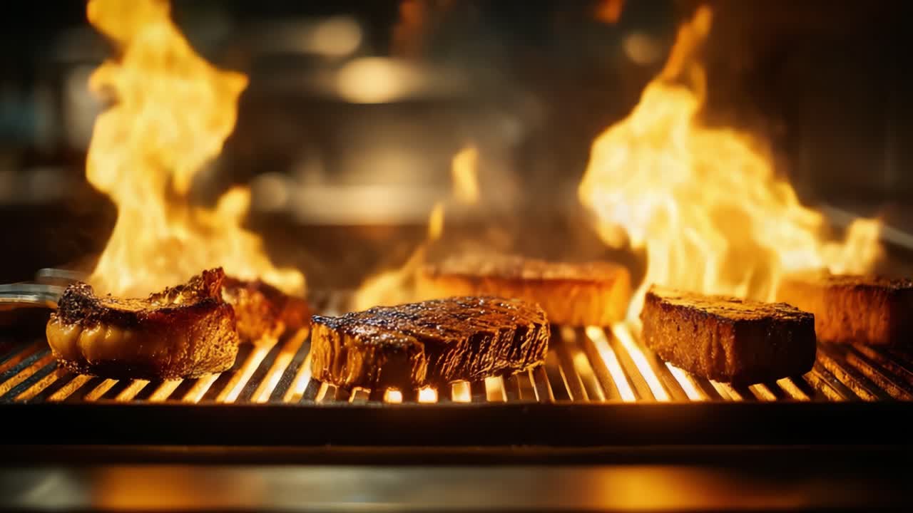 Bistecche Sfrigolanti che Cuociono su una Griglia con Fiamme Alte, Mostrando la Crosta Perfettamente Carbonizzata e la Succulenza di Ogni Morso in un Capolavoro Culinario.