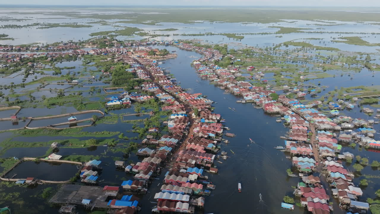 Aerial video captures Tonlé Sap communities along water channels with floating homes, green fields, and boats