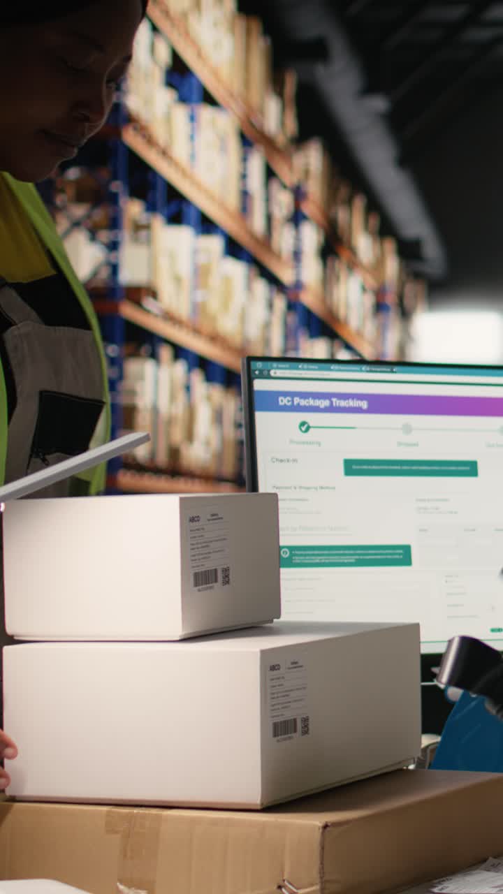 Vertical Video Asian employee registering airway bills in storehouse industrial depot