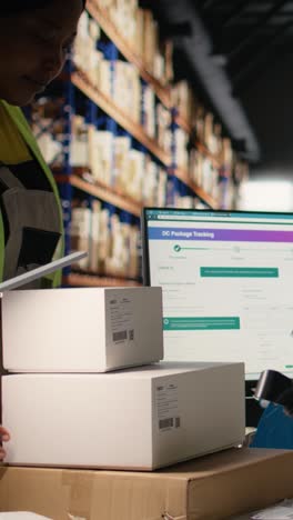 vertical video asian employee registering airway bills in storehouse industrial depot