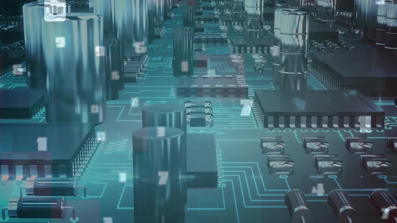 Animation of numbers floating over motherboard