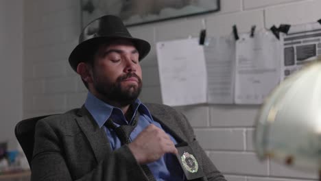 man police detective in jacket and hat sitting at station desk frustrated sad throws his badge