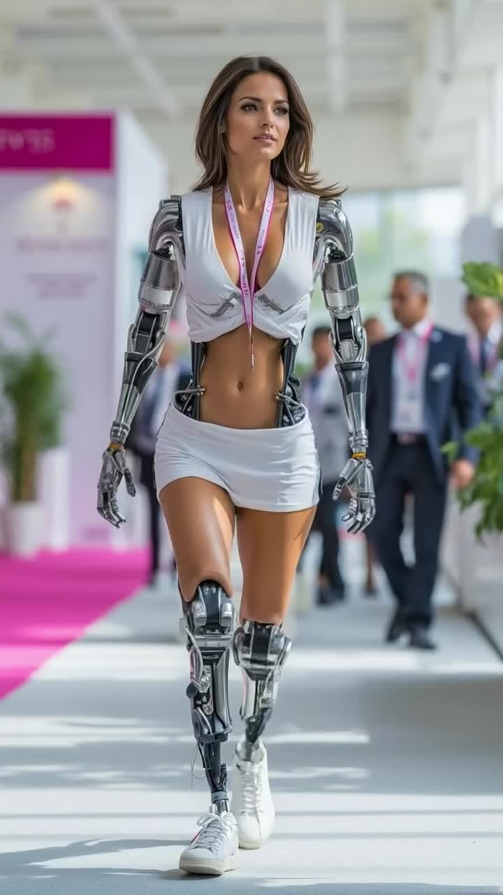 Cyborg-kvinde i hvidt outfit går på teknologiudstilling