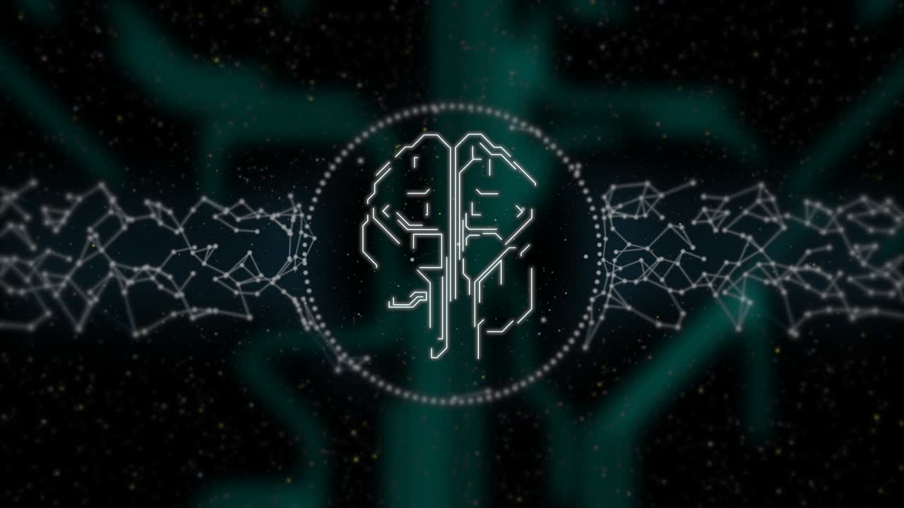 Artificial intelligence animation. Digital brain in circuit board design glowing over matrix background.