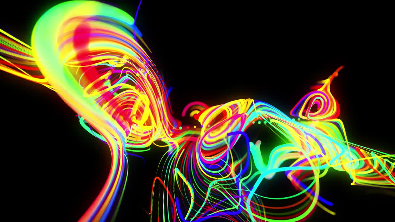 el flujo de fondo abstracto de las líneas de brillo. las partículas de luces en funcionamiento se forman en el espacio 3d brillando hermosas líneas curvas como una bola de cables quemándose con luz de neón. hermoso fondo creativo en bucle en 4k.