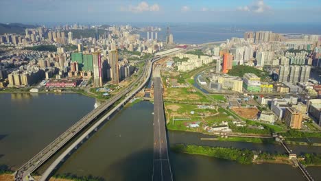 sunny day zhuhai cityscape river bay bridge traffic aerial panorama 4k china