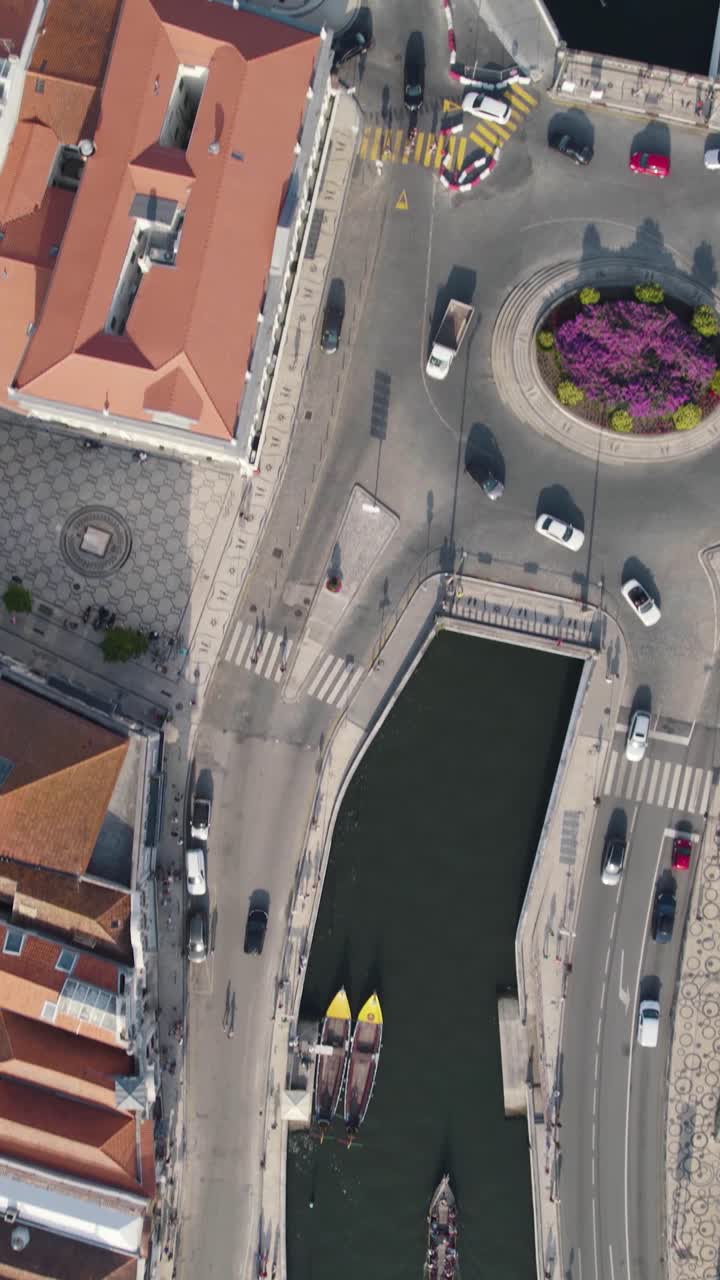 Veduta aerea verticale dall'alto di barche moliceiro che trasportano turisti lungo i trafficati canali della Ria de Aveiro in Portogallo.