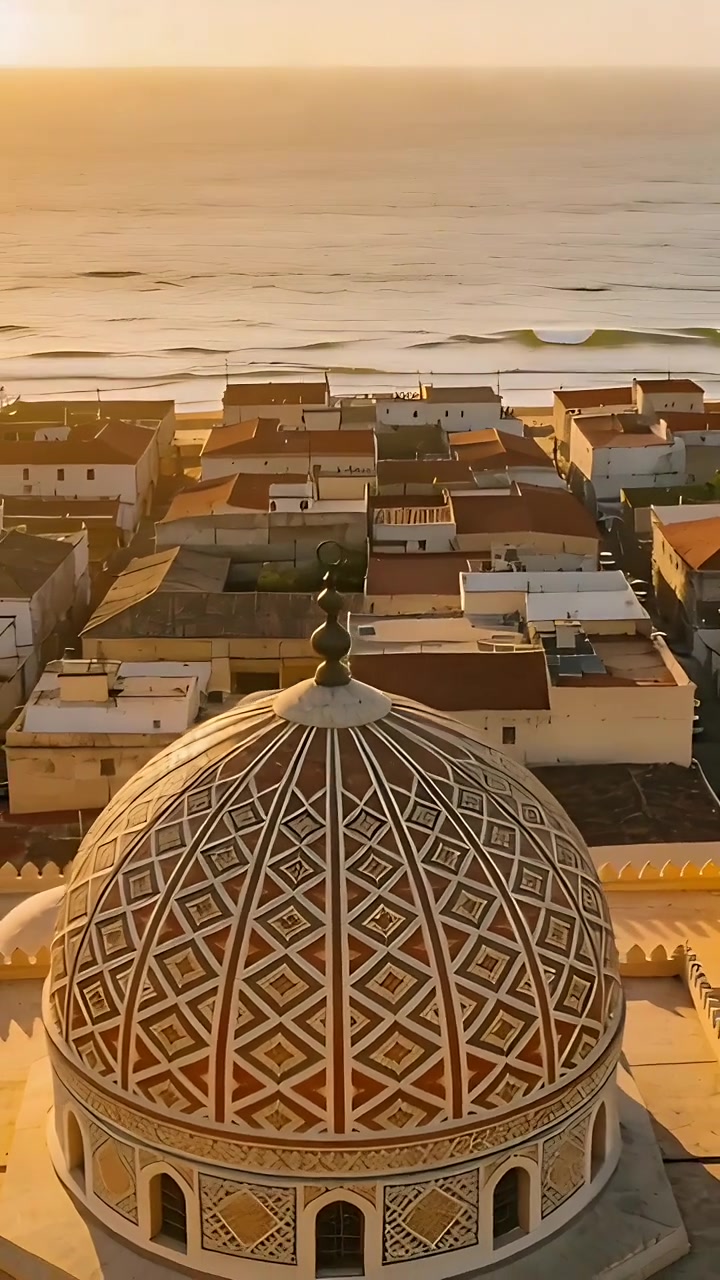 Dikey video: Eğilen drone kamerası yükselirken süslü kubbeli çatıyı ortaya çıkarıyor ve kıyı kasabasını gösteriyor.