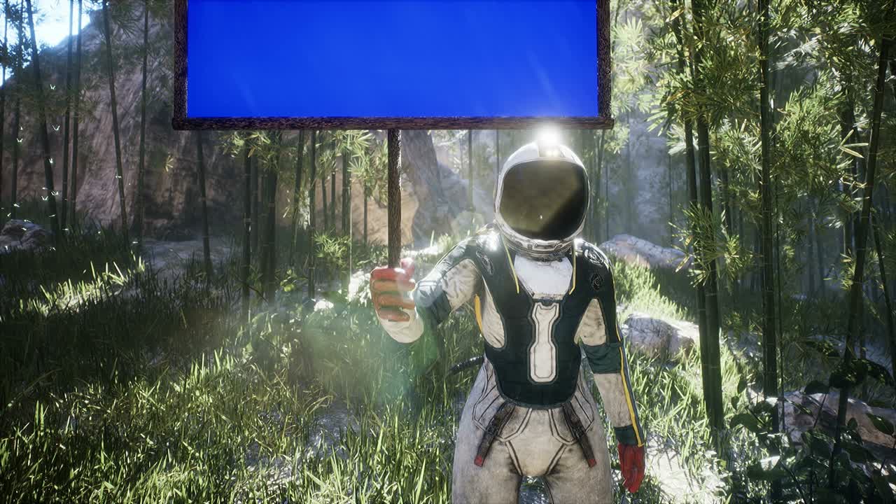 un astronauta-científico se encuentra en un nuevo planeta inexplorado con una pancarta en una pantalla azul. el concepto de descubrir nuevos planetas. la animación es perfecta para el espacio, los viajes espaciales o la ciencia ficción.