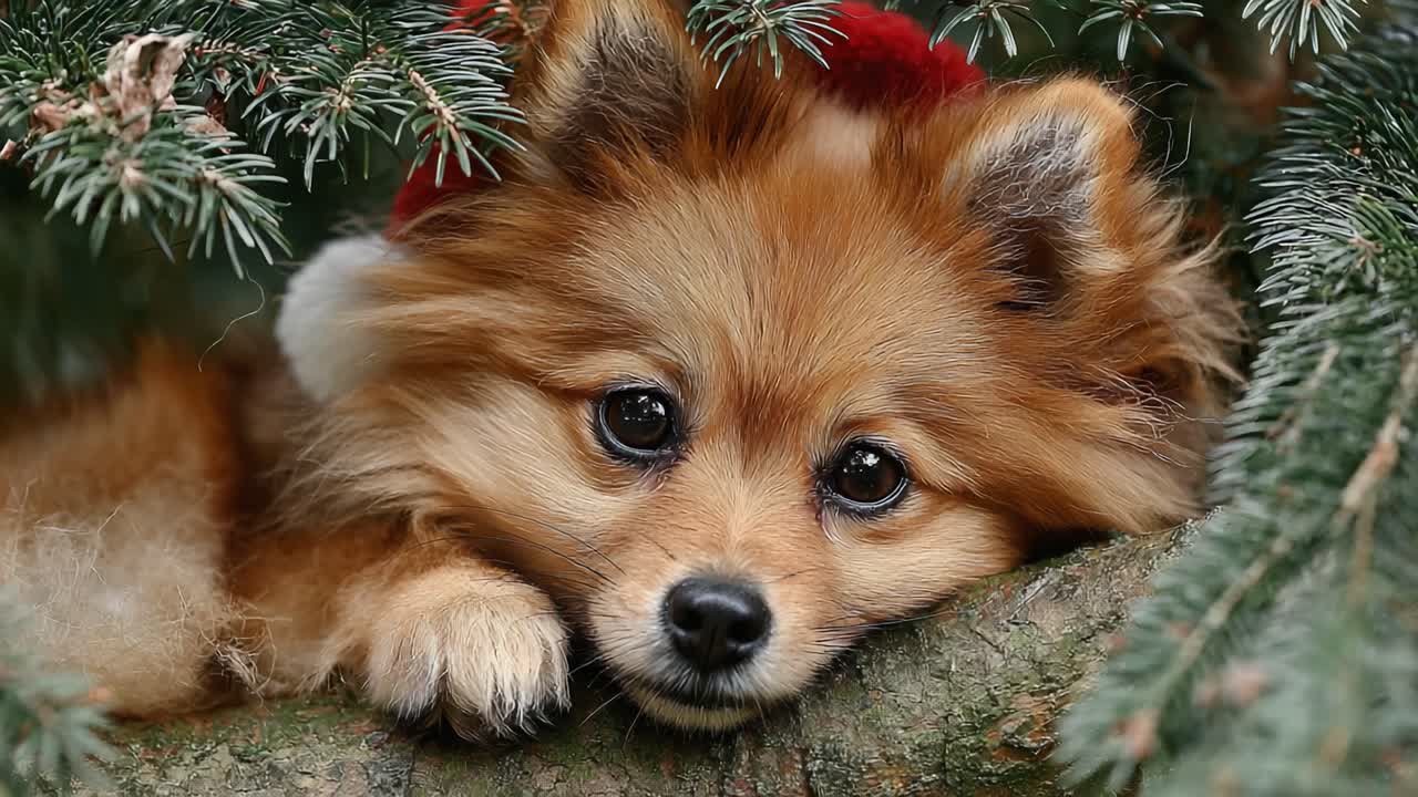 Adorable fluffy dog with expressive eyes resting amidst green branches, showcasing a holiday spirit with a festive red accessory, creating a charming winter atmosphere