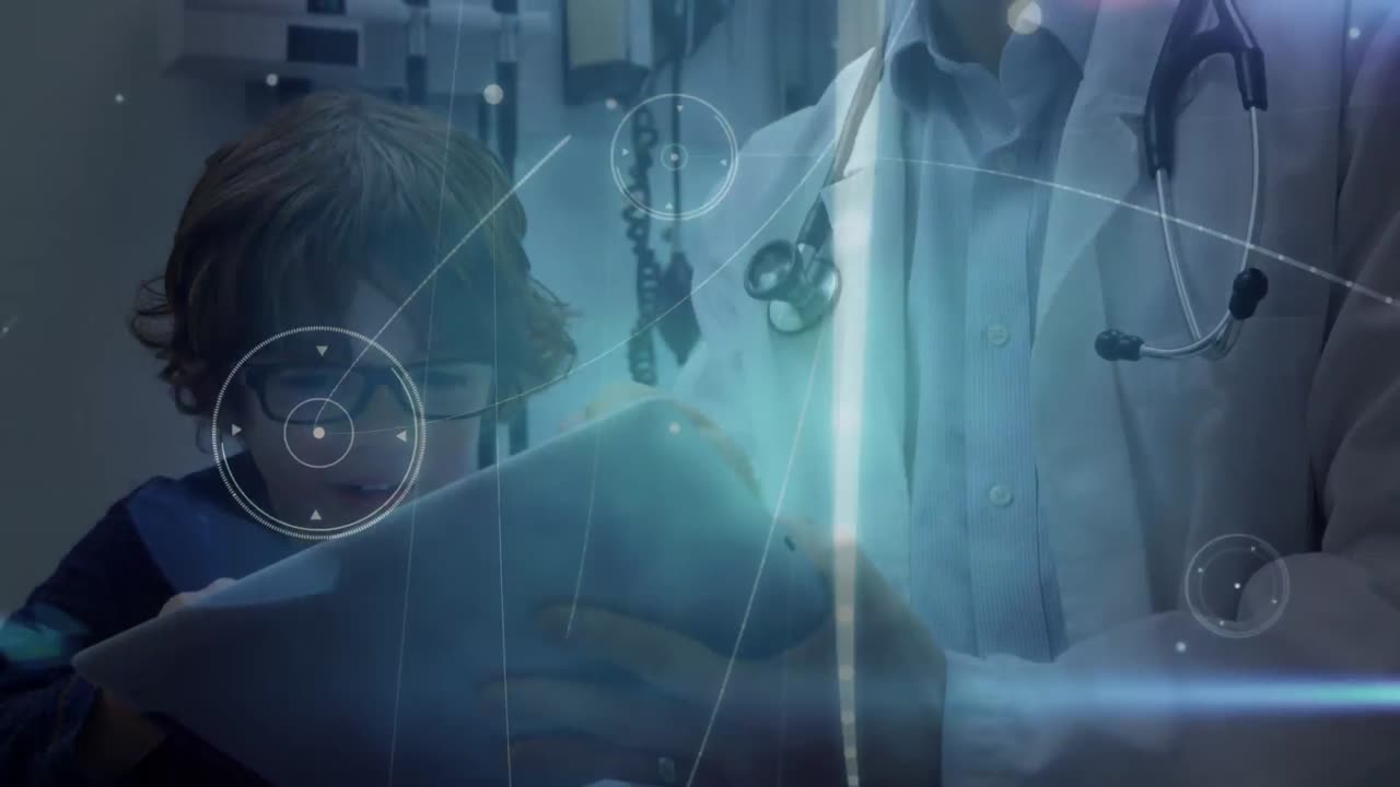 태블릿을 사용하고 아이와 대화하는 두 인종의 남성 의사를 통해 연결 네트워크의 애니메이션