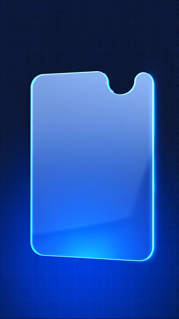 Transparentní obrys obrazovky smartphonu nad zářivou modrou animací příběhu s futuristickým technologickým pozadím s digitální mřížkou