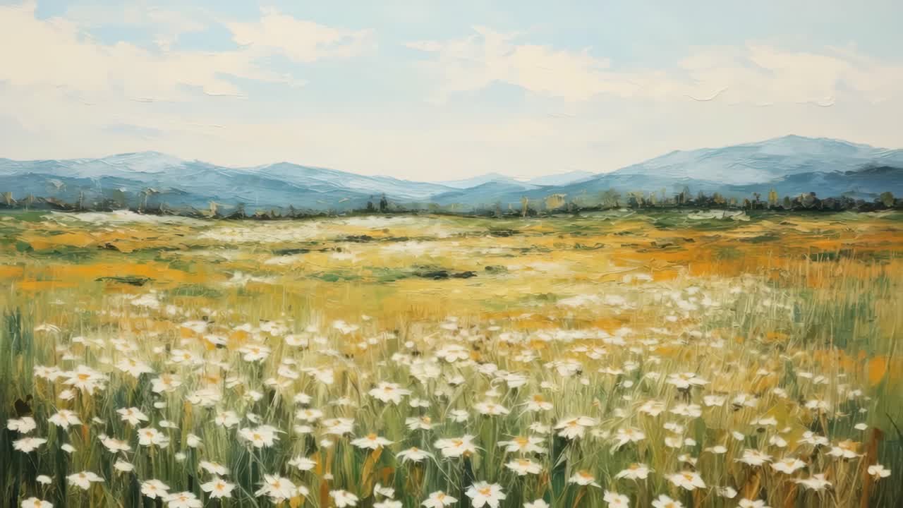 A serene landscape video concept with a low-angle view of a wildflower meadow, capturing distant