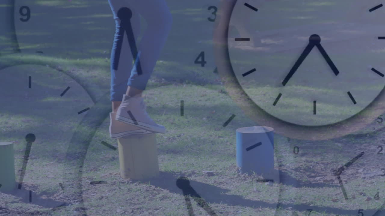 Person balancing on wooden stump over clock face animation in grassy area