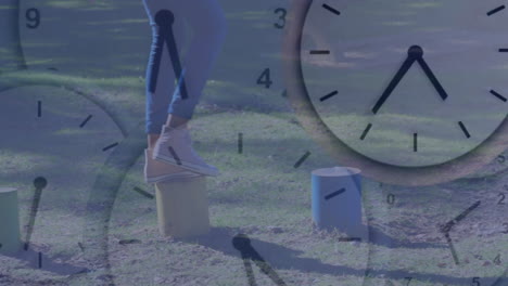 person balancing on wooden stump over clock face animation in grassy area