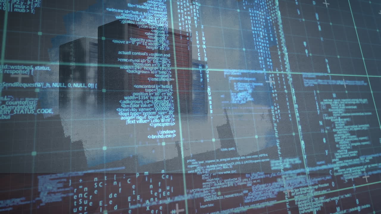 Animation of data processing over servers and cityscape