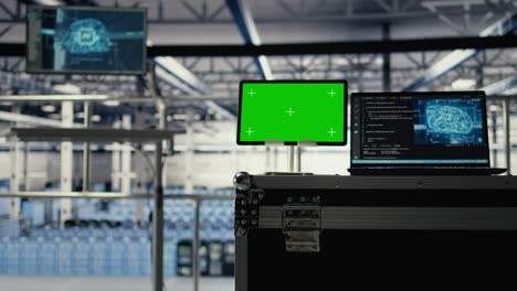 green screen tablet in server room with equipment rigs supporting ai