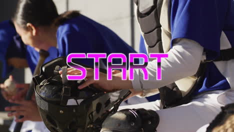 baseball players preparing for game with bold pink start animation text nearby