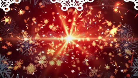 Animation-of-illuminated-light-beam-and-vector-snowflakes-moving-against-abstract-background