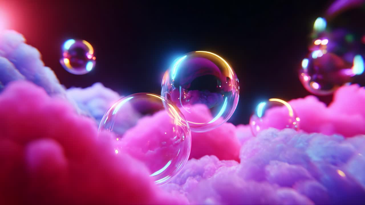 A Stunning Display of Colorful Bubbles Floating Above Vibrant, Fluffy Clouds in a Dreamlike Atmosphere, Captured in a Vivid Visual Interpretation of Fantasy and Imagination