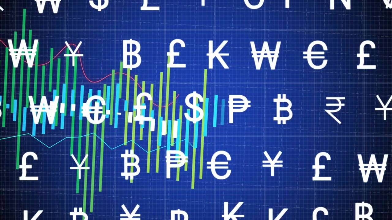 Aggiornamento del feed finanziario, barre che salgono su una griglia con simboli di valuta, linee di tendenza che segnalano oscillazioni