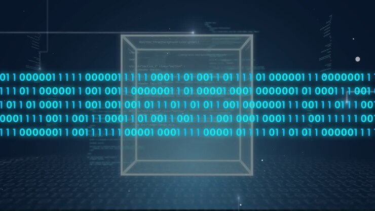 Binary code and cube animation over digital grid background