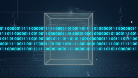 código binario y animación de cubo sobre el fondo de la cuadrícula digital