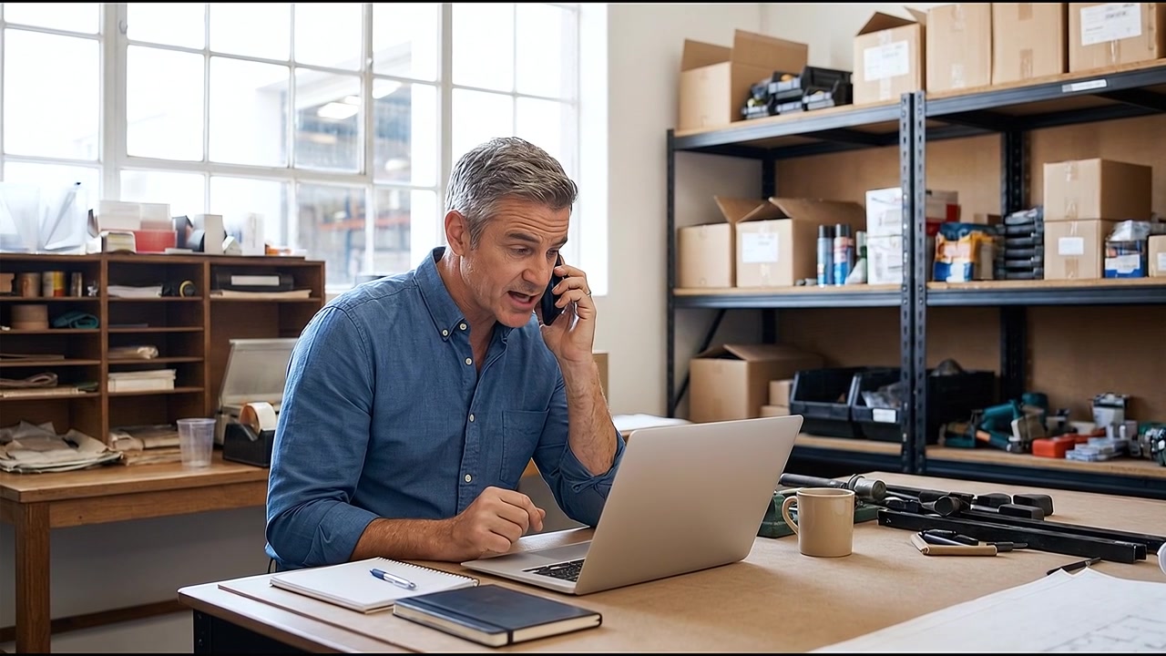 Manager professionista che parla al telefono cellulare mentre lavora al laptop all'interno di un ambiente d'ufficio industriale