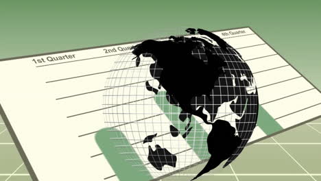 rotating globe animation over quarterly financial report in office background