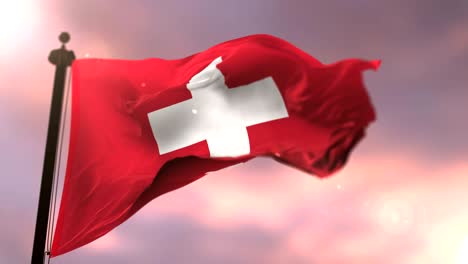 flag of switzerland waving at wind in slow at sunset, loop