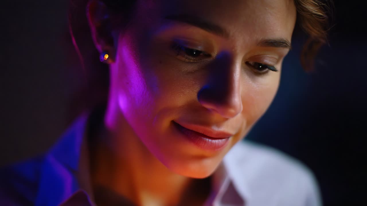 Captivated by the Light: A Close-Up Exploration of a Woman's Emotional Expression as She Engages with the Soft Glow of a Colorful Illumination in a Darkened Setting