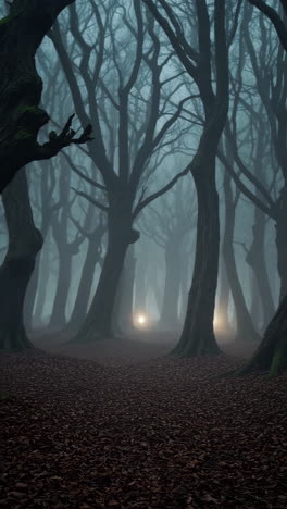 misty forest with eerie glowing lights