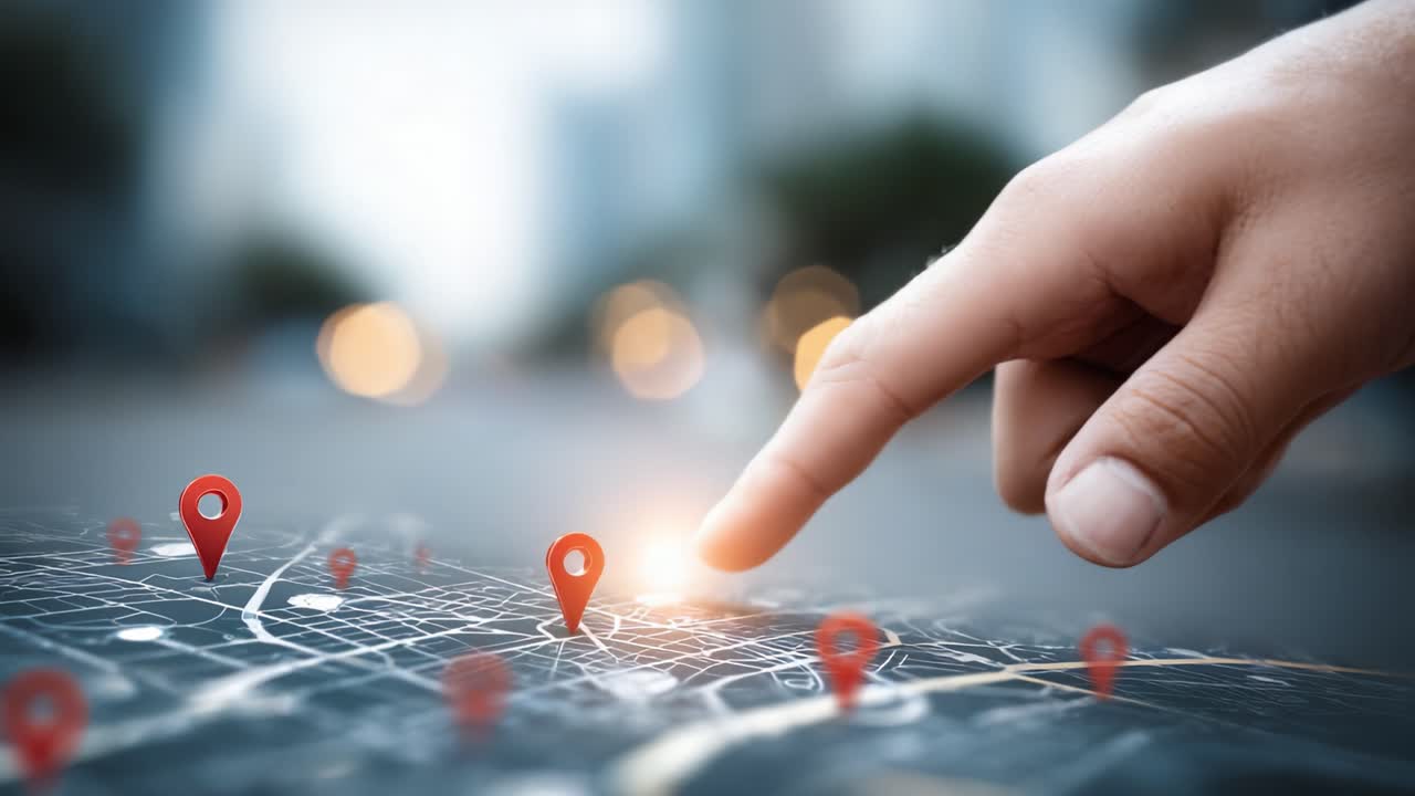 Exploring Navigation: Hand Pointing on a Detailed Map with Location Markers to Indicate a Journey Through an Urban Landscape, Capturing the Essence of Modern Travel
