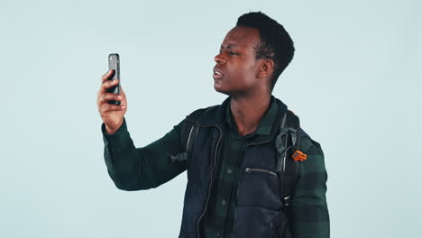 Phone,-problem-and-black-man-hiking-in-studio