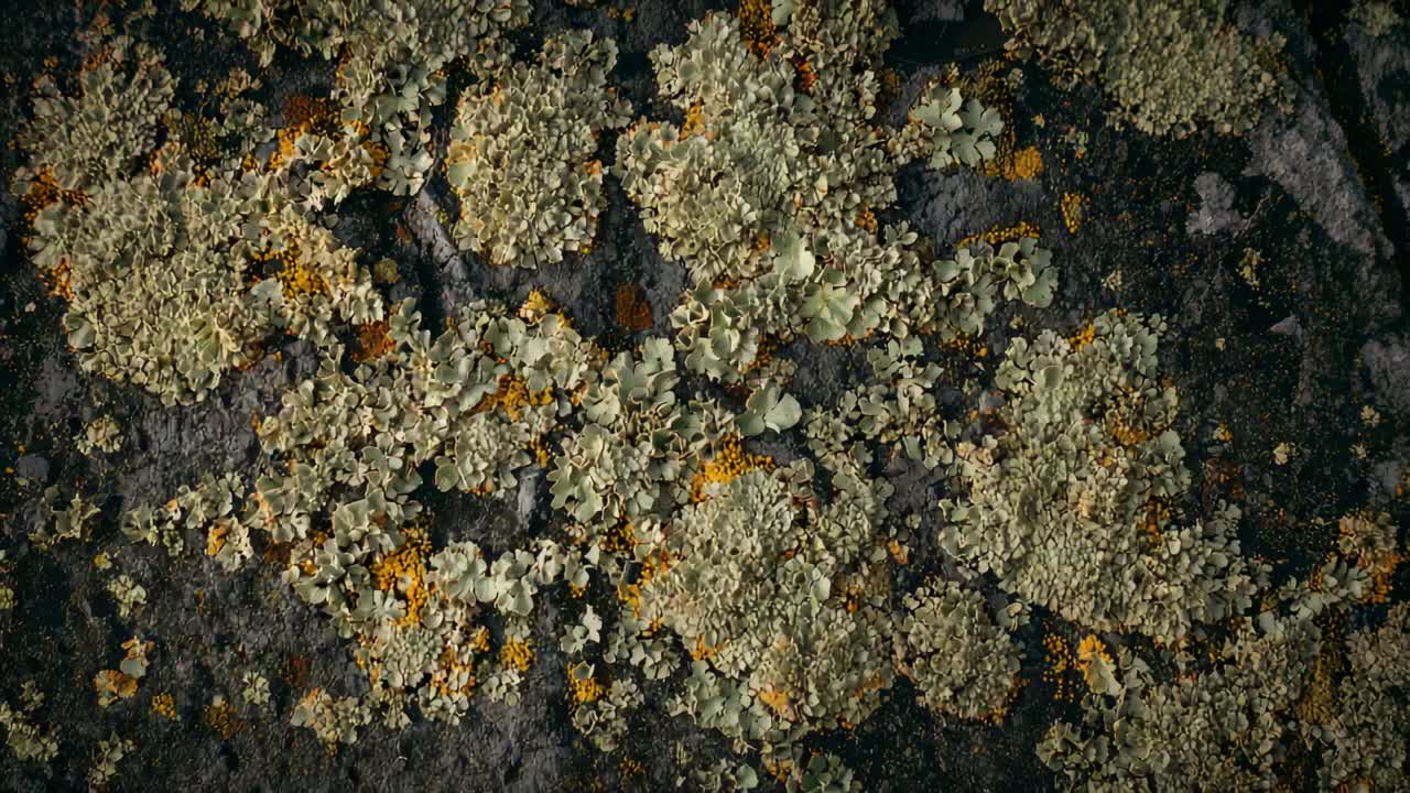 Zoom della camera che rivela licheni fogliosi e granulari su una parete rocciosa, esponendo macchioline giallo-arancio
