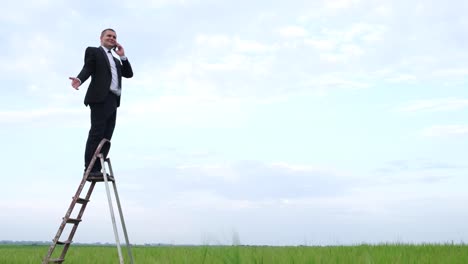 a man uses a ladder in a field to improve mobile communication a man uses a ladder in a field to improve mobile communication problems of internet communication poor coverage 4g 5g