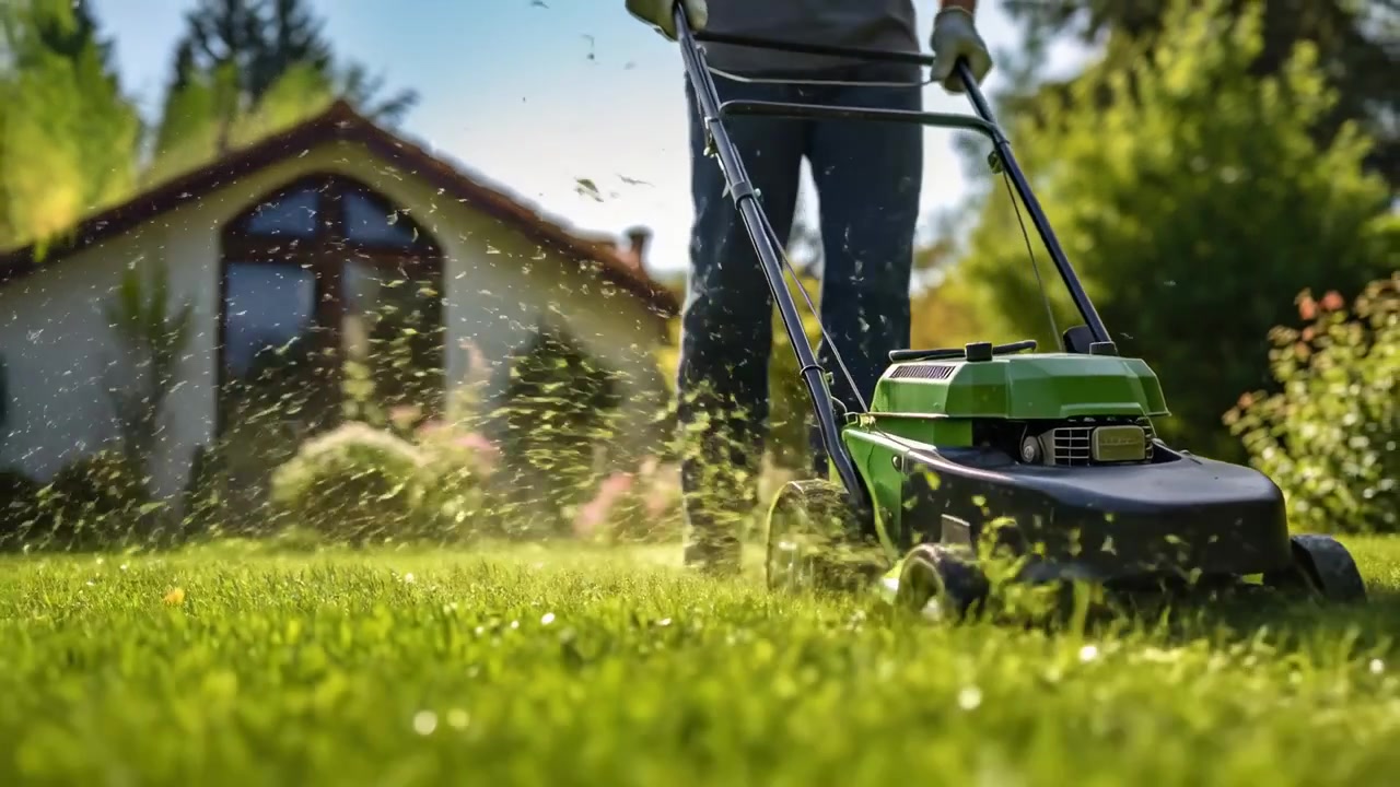 Person Mowing the Lawn in a Sunny Backyard