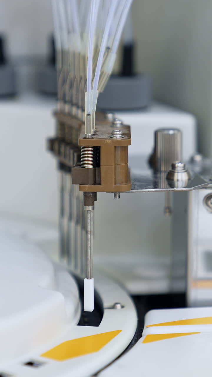 Apparatus detail moving up and down performing test. Technological advanced equipment in the modern blood test laboratory. Vertical video