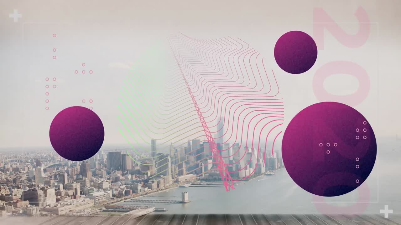 Animation of moving shapes over cityscape