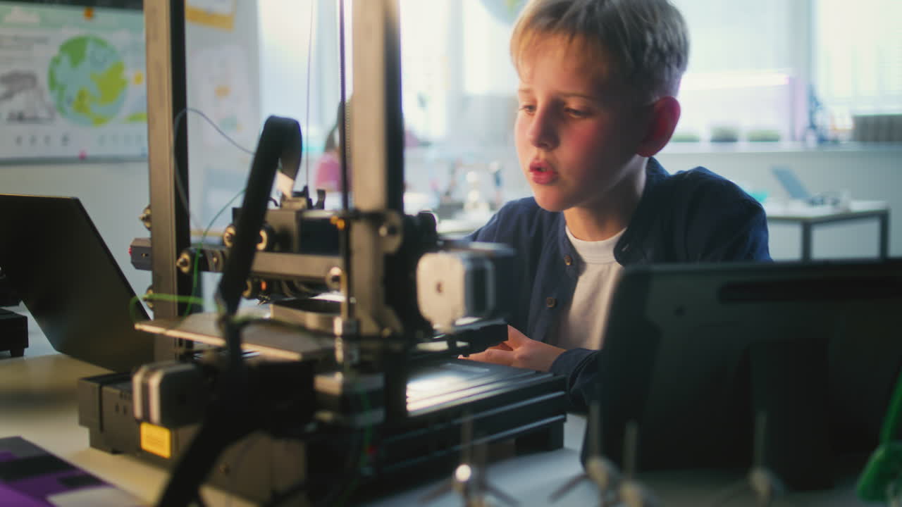 Boy learning 3D printing in classroom