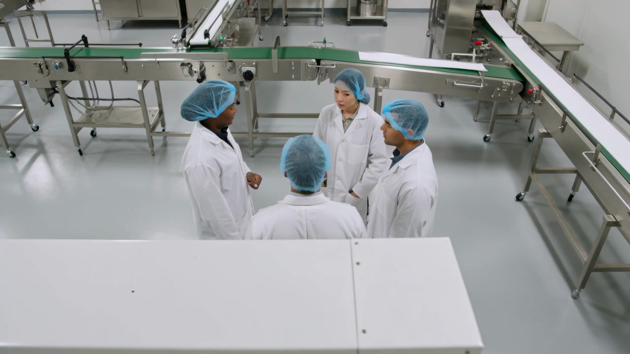 Ponente con bata de laboratorio y redecilla azul señalando una cinta transportadora de acero, equipo inspeccionando.