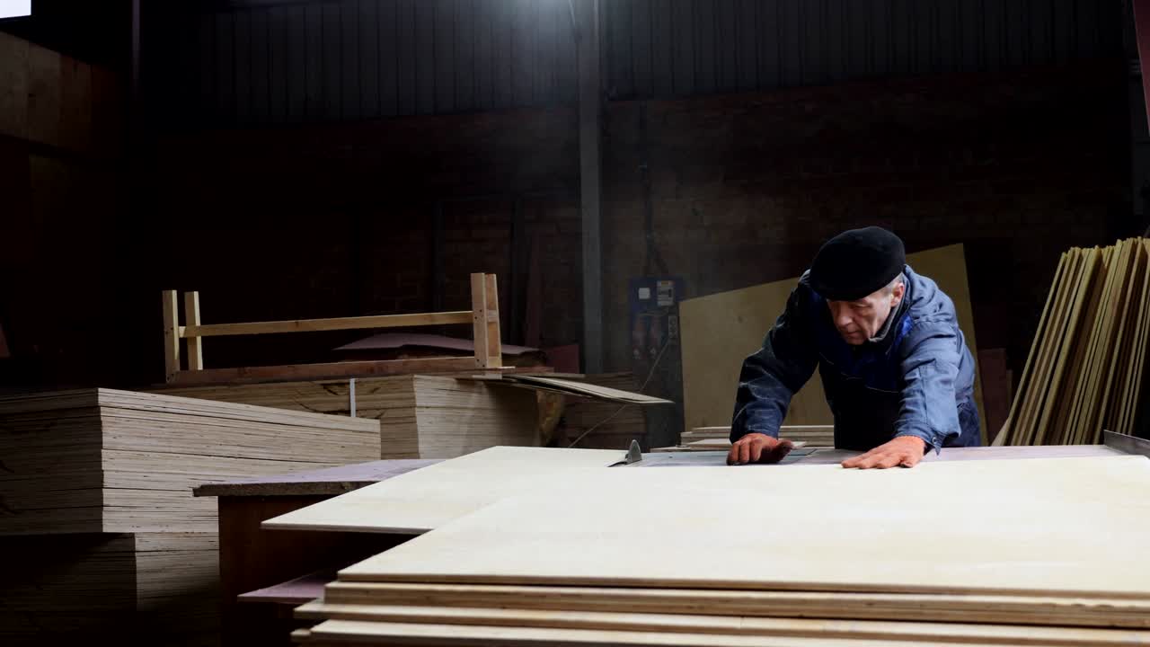 목수 작업실 에서 나무 를 잘라내는 테이블 원형 도자기